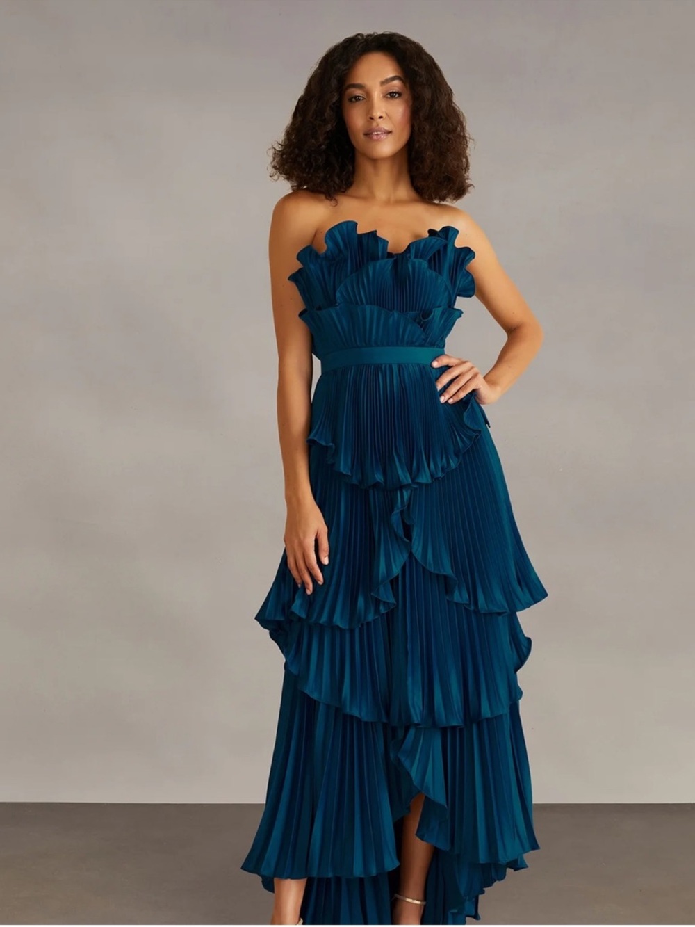 AMUR Judah Scallop Pleated Ruffle Maxi Dress